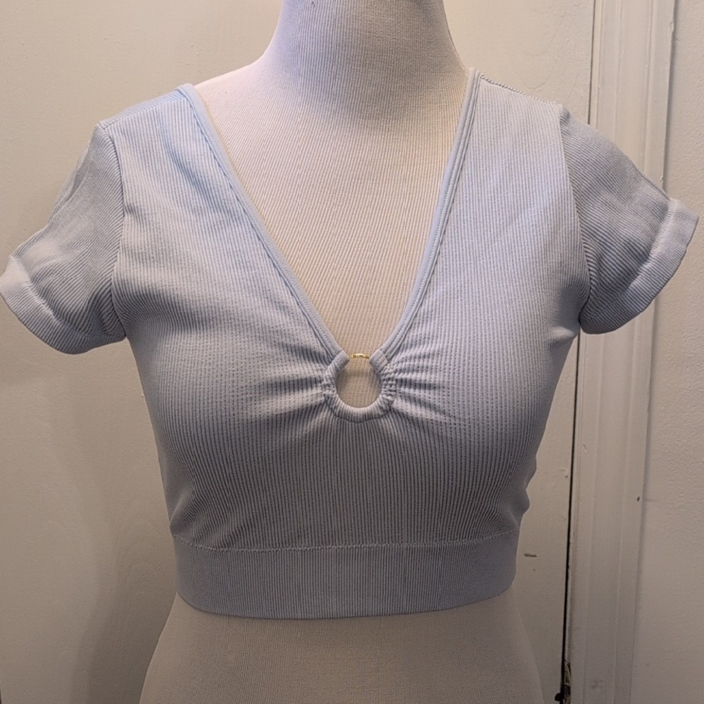 aerie Light Blue Ribbed V-Neck Crop Top with Front Ring